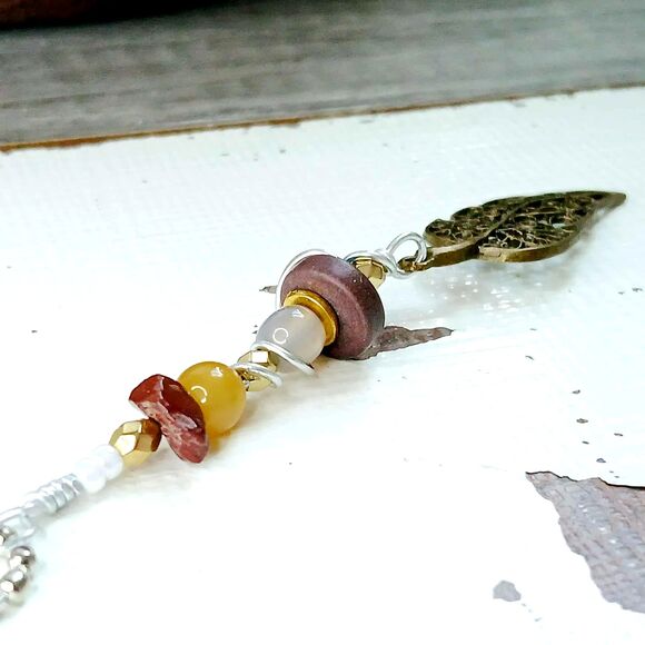 Bronze Leaf Beaded Keychain Bag Charm, Gemstone Accessories, 5" - Picture 3 of 3